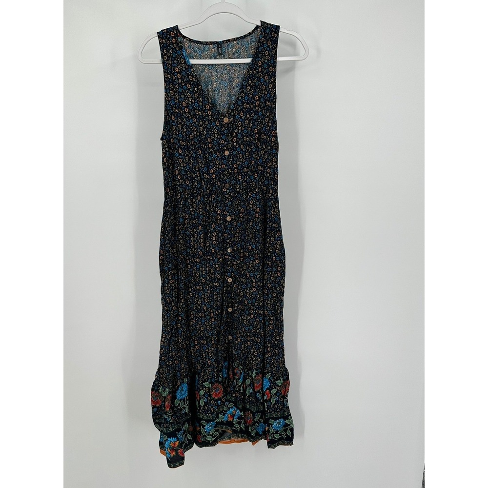 Womens Boho Dark Floral Midi Dress‎ Size L Festival Peasant Lightweight Flowy